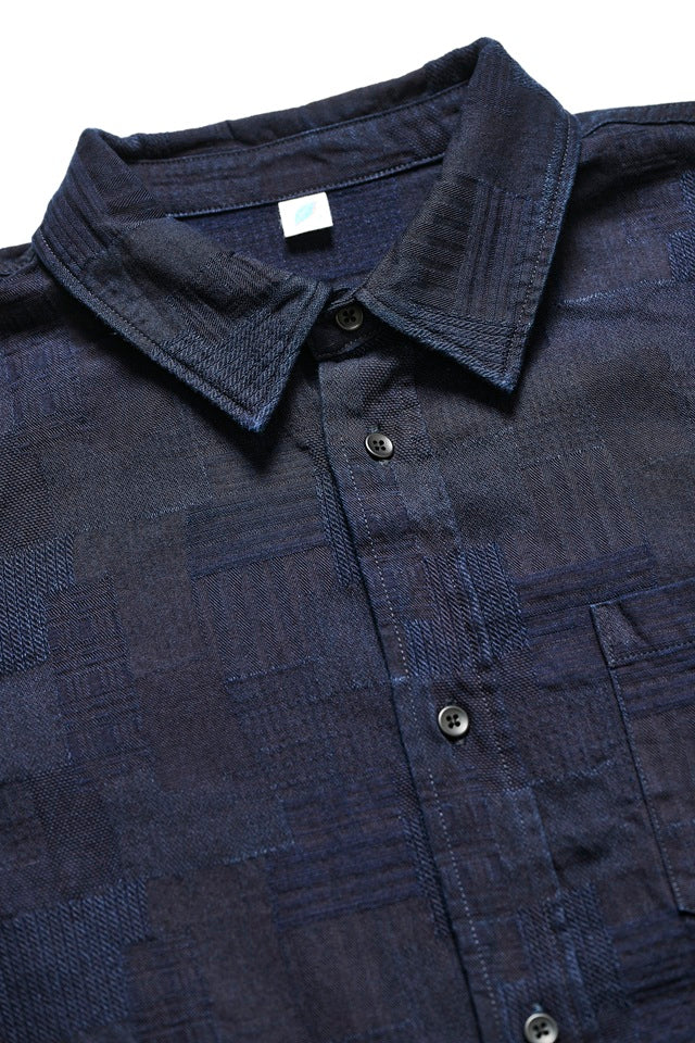Pure Blue Japan 2239-ID Woven Jacquared Boro Patchwork Shirt - Double Indigo