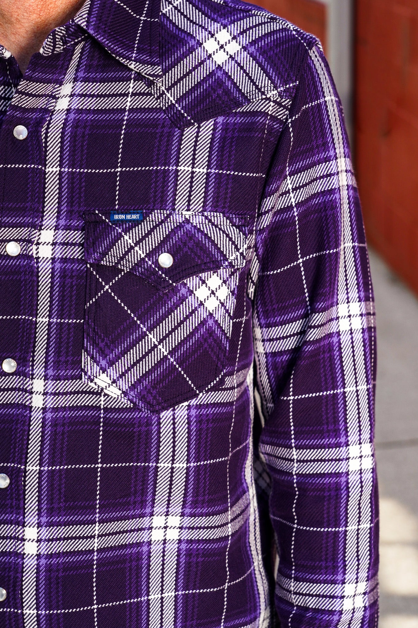 Iron Heart IHSH-439-PUR 9oz Selvedge Flannel Check Western Shirt - Purple