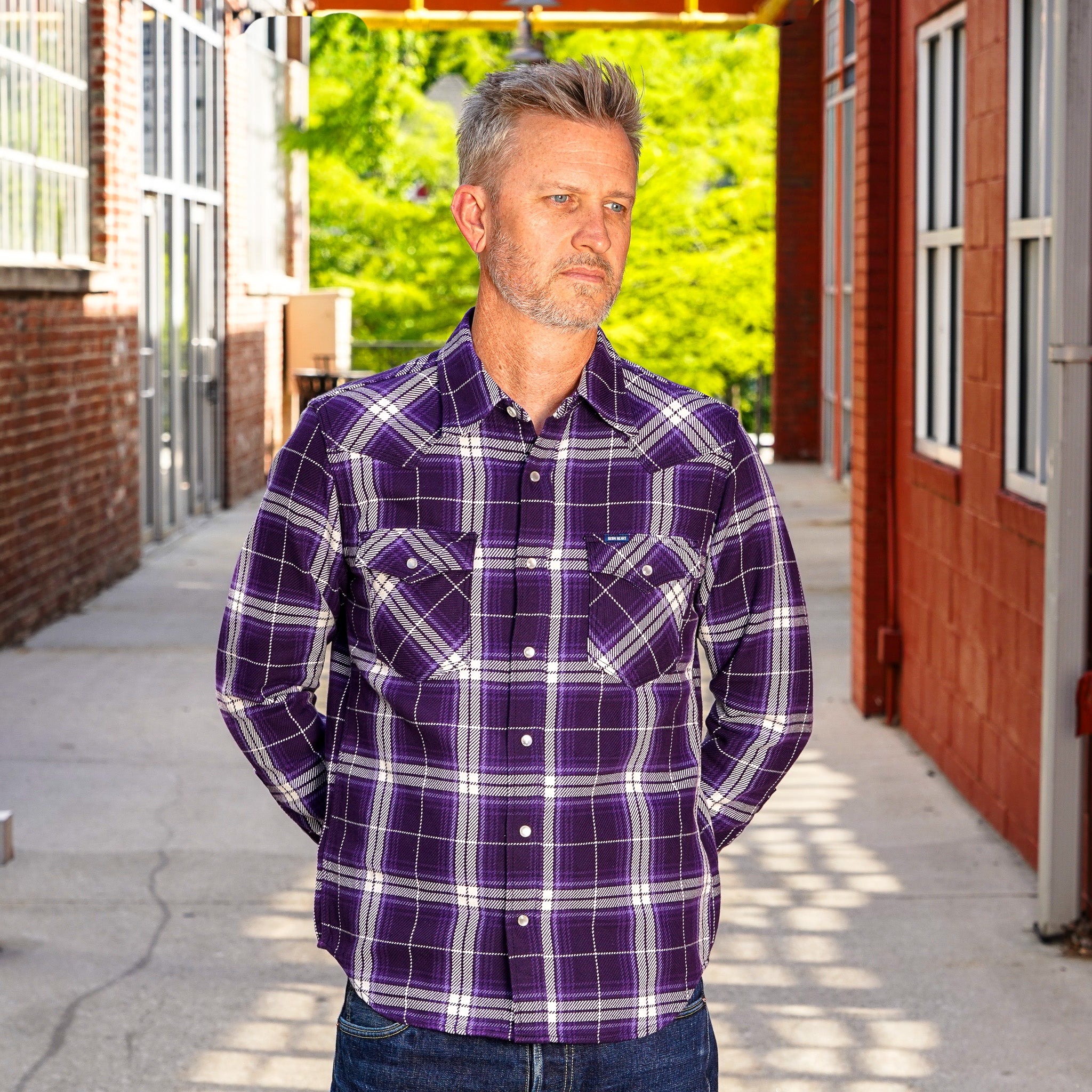 Iron Heart IHSH-439-PUR 9oz Selvedge Flannel Check Western Shirt