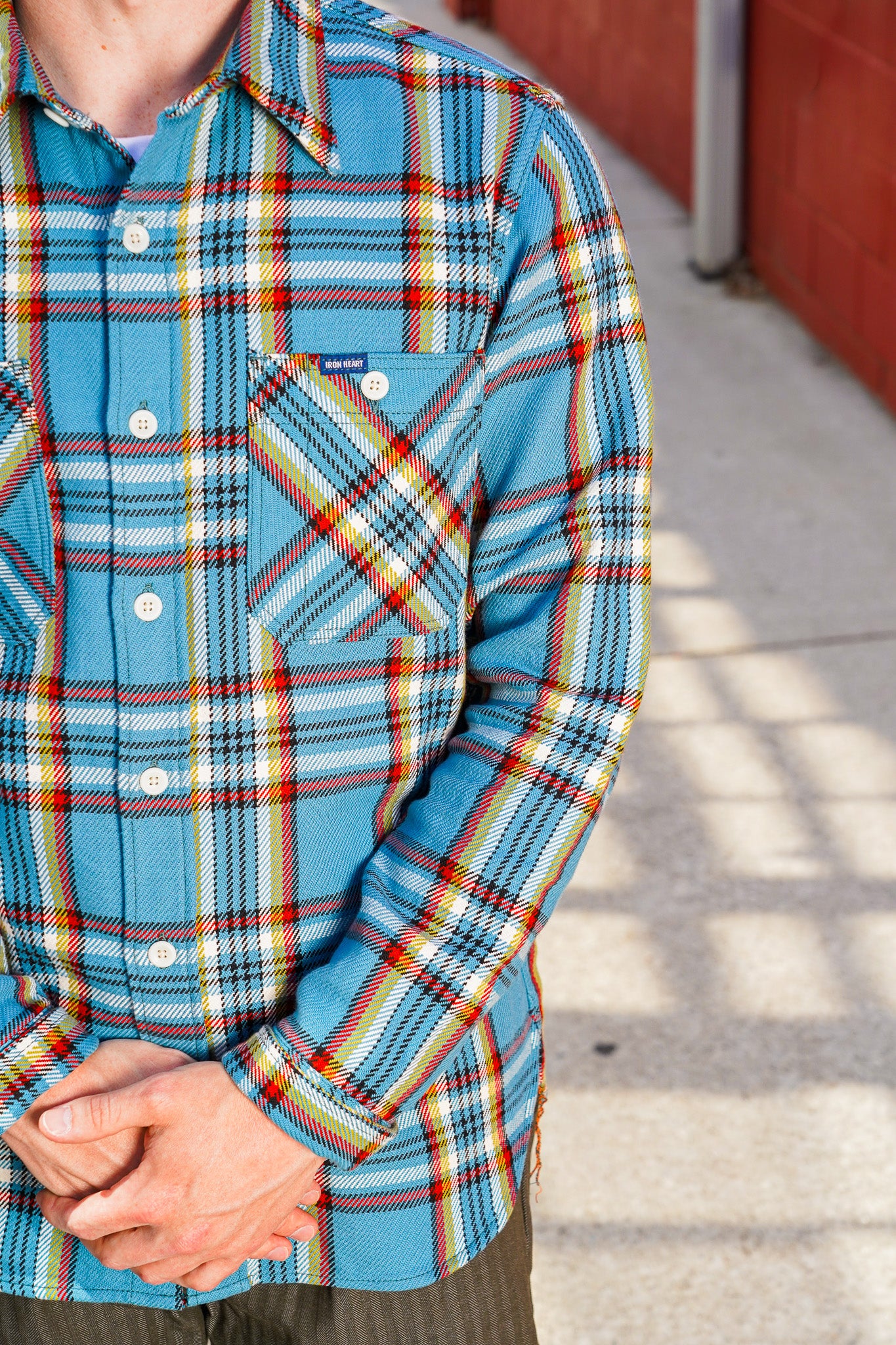 Iron Heart IHSH-442-SAX 9oz Selvedge Flannel Check Work Shirt - Sax Blue