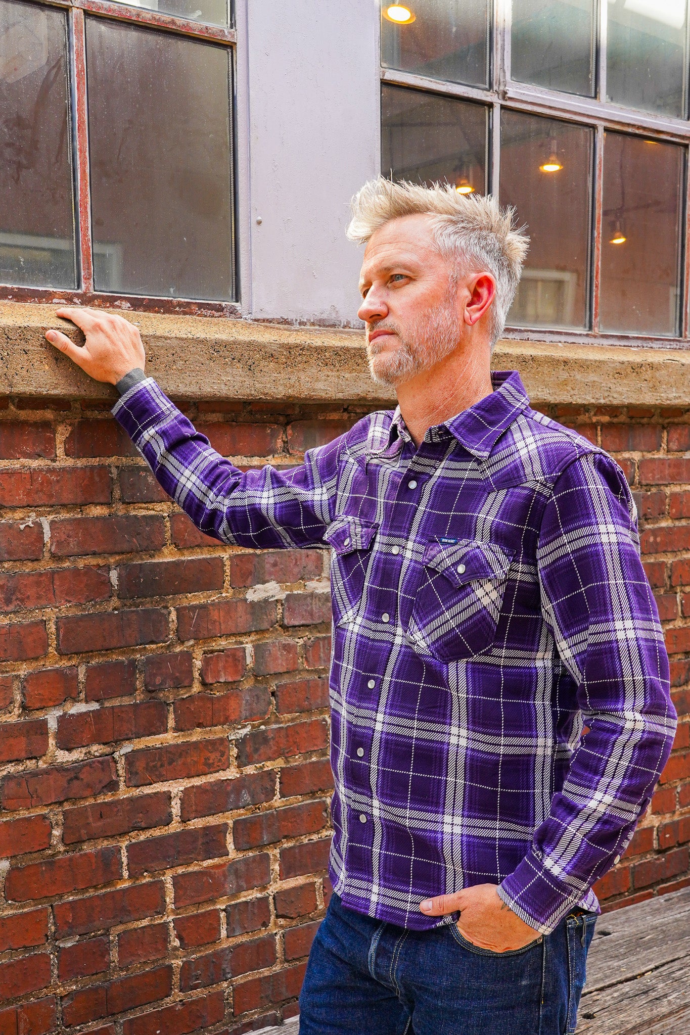 Iron Heart IHSH-439-PUR 9oz Selvedge Flannel Check Western Shirt