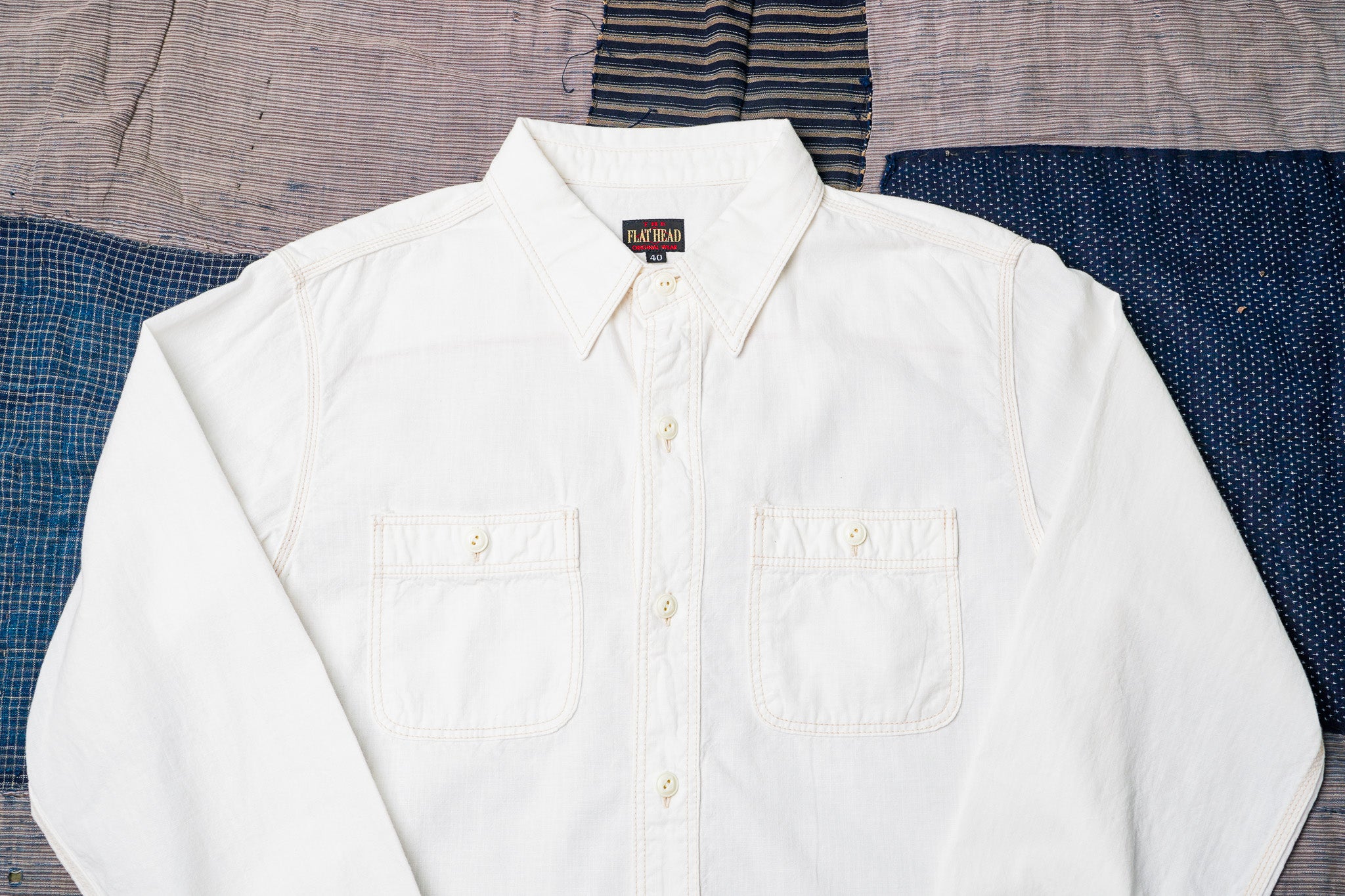 The Flat Head FN-SCK-010L Long Sleeved Chambray Work Shirt - White