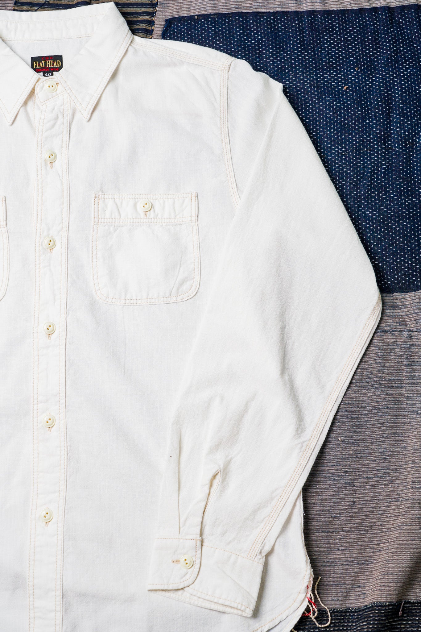 The Flat Head FN-SCK-010L Long Sleeved Chambray Work Shirt - White