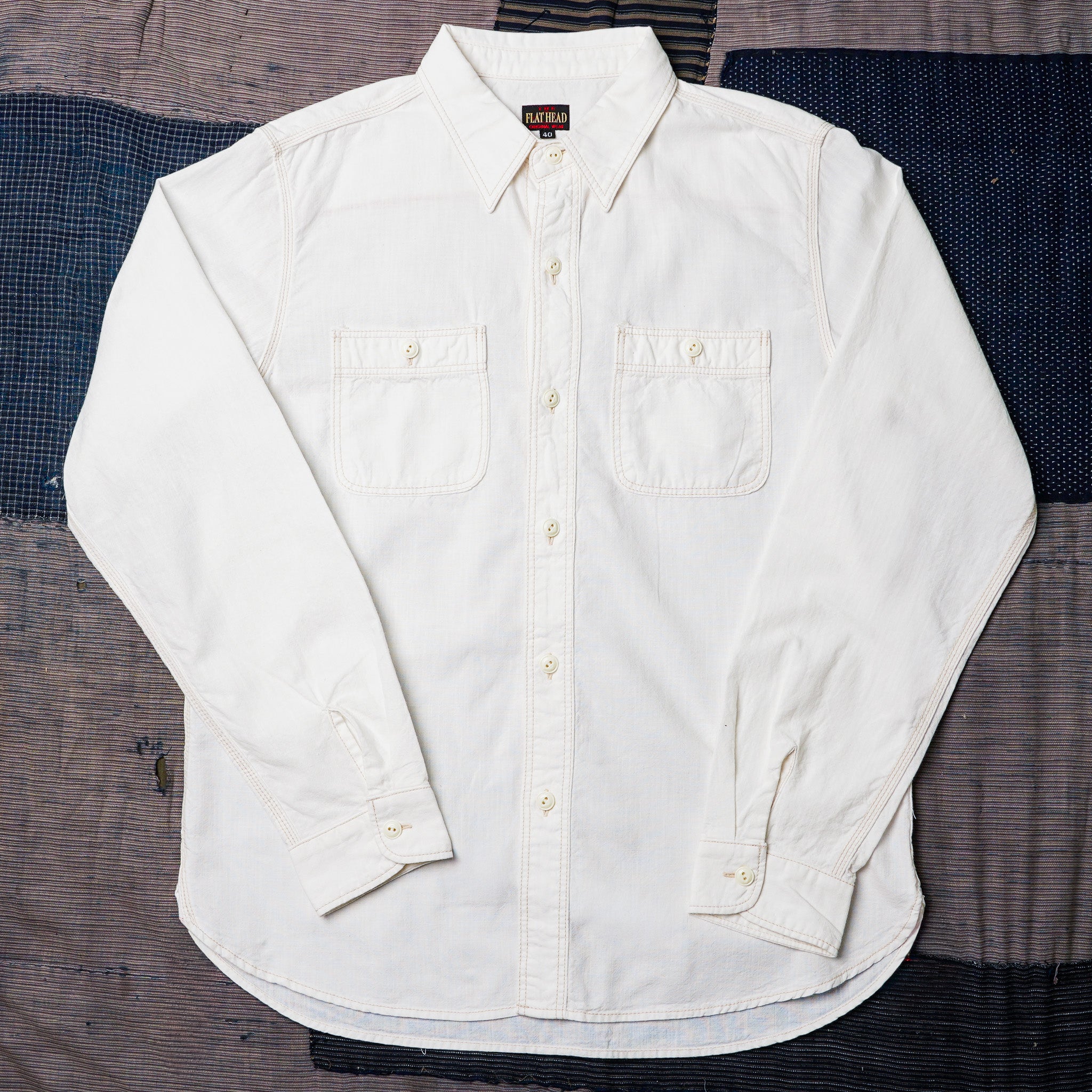 The Flat Head FN-SCK-010L Long Sleeved Chambray Work Shirt - White