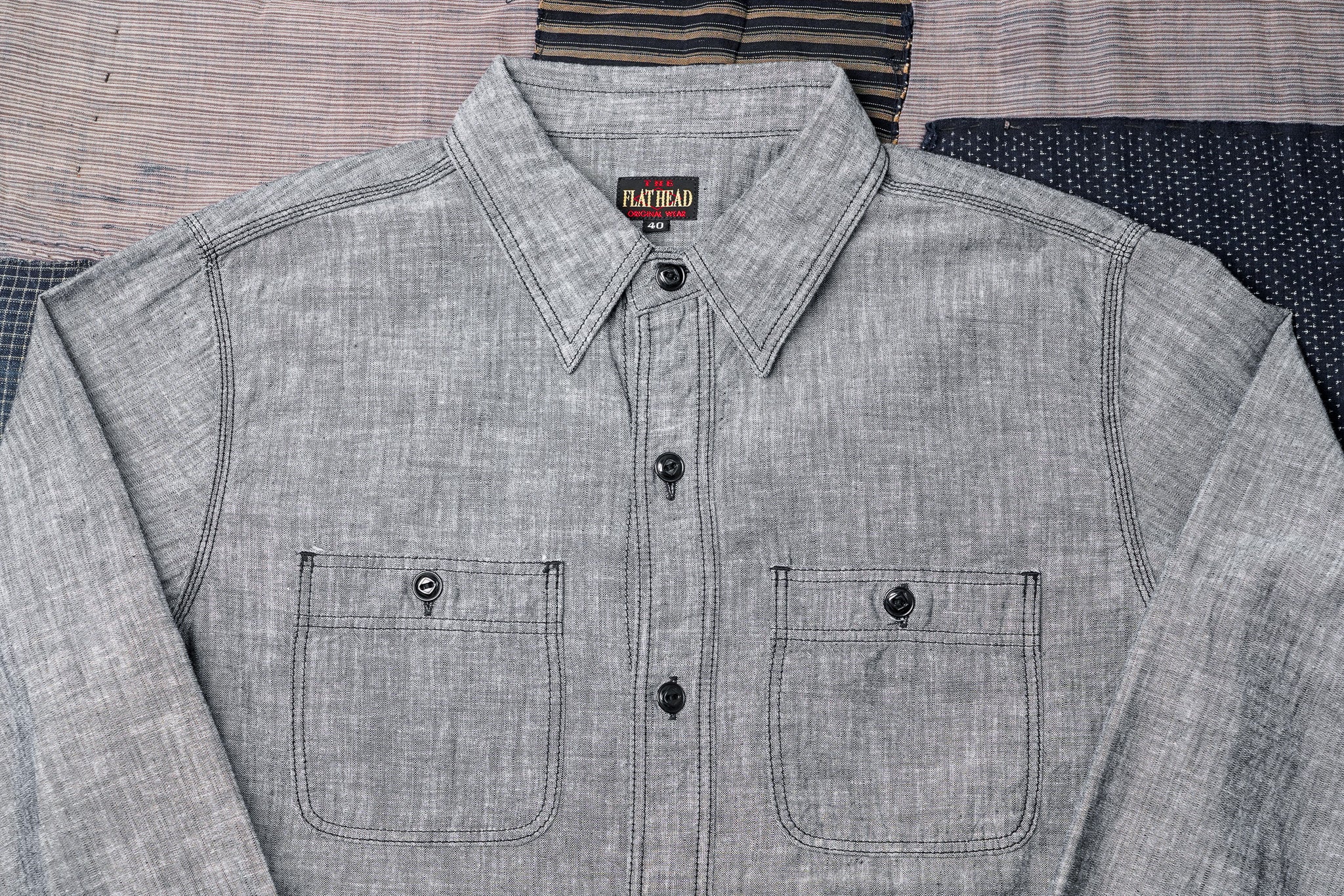 The Flat Head FN-SCK-010L Long Sleeved Chambray Work Shirt - Black