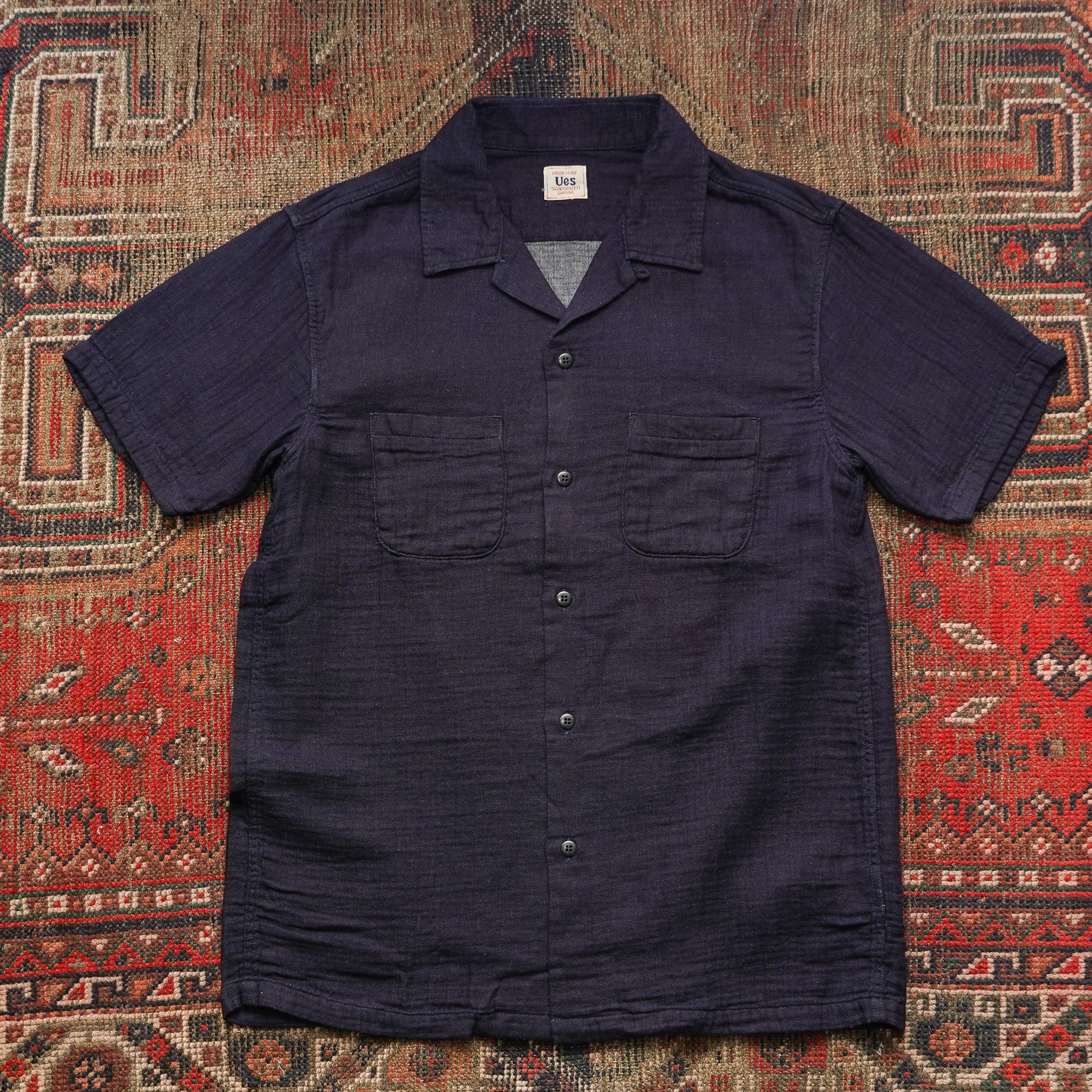 UES Herringbone Double Gauze Short Sleeve Shirt - Indigo