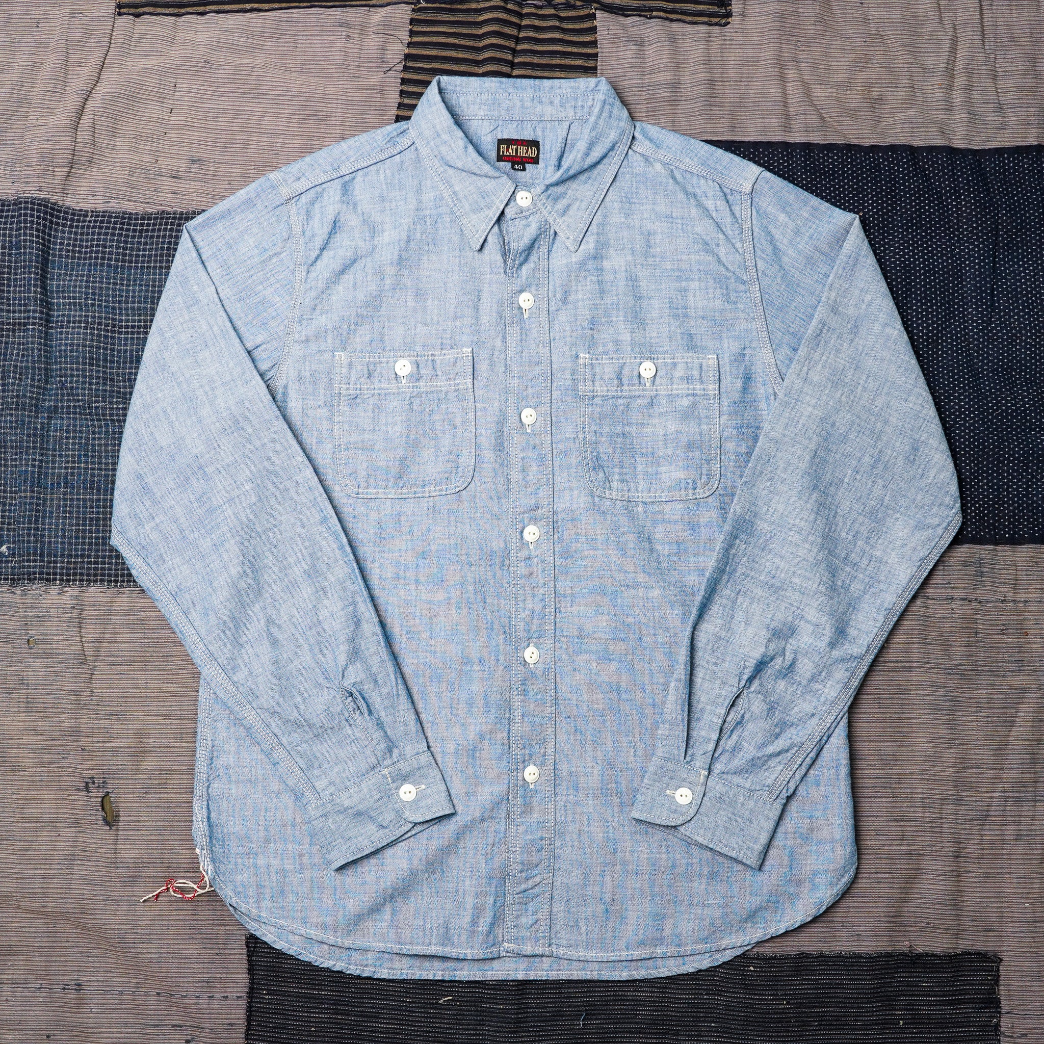 The Flat Head FN-SCK-010L Long Sleeved Chambray Work Shirt - Blue