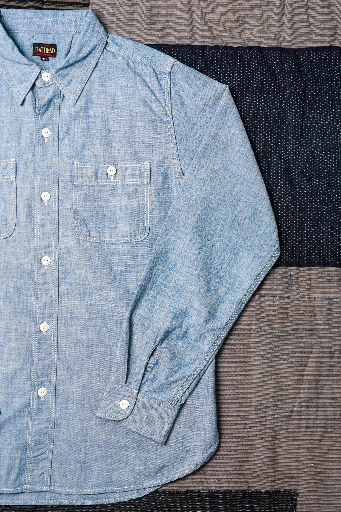 The Flat Head FN-SCK-010L Long Sleeved Chambray Work Shirt - Blue