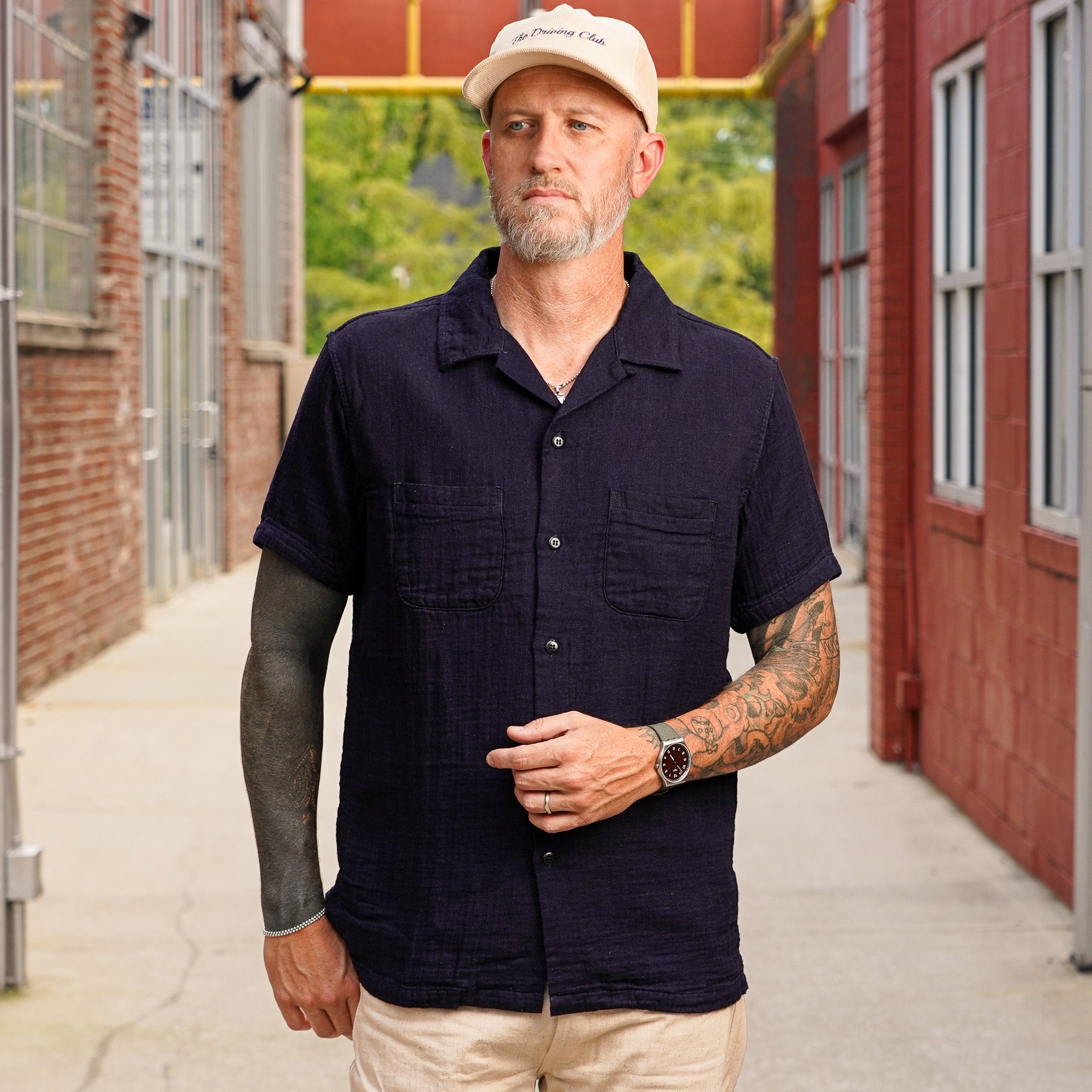 UES Herringbone Double Gauze Short Sleeve Shirt - Indigo
