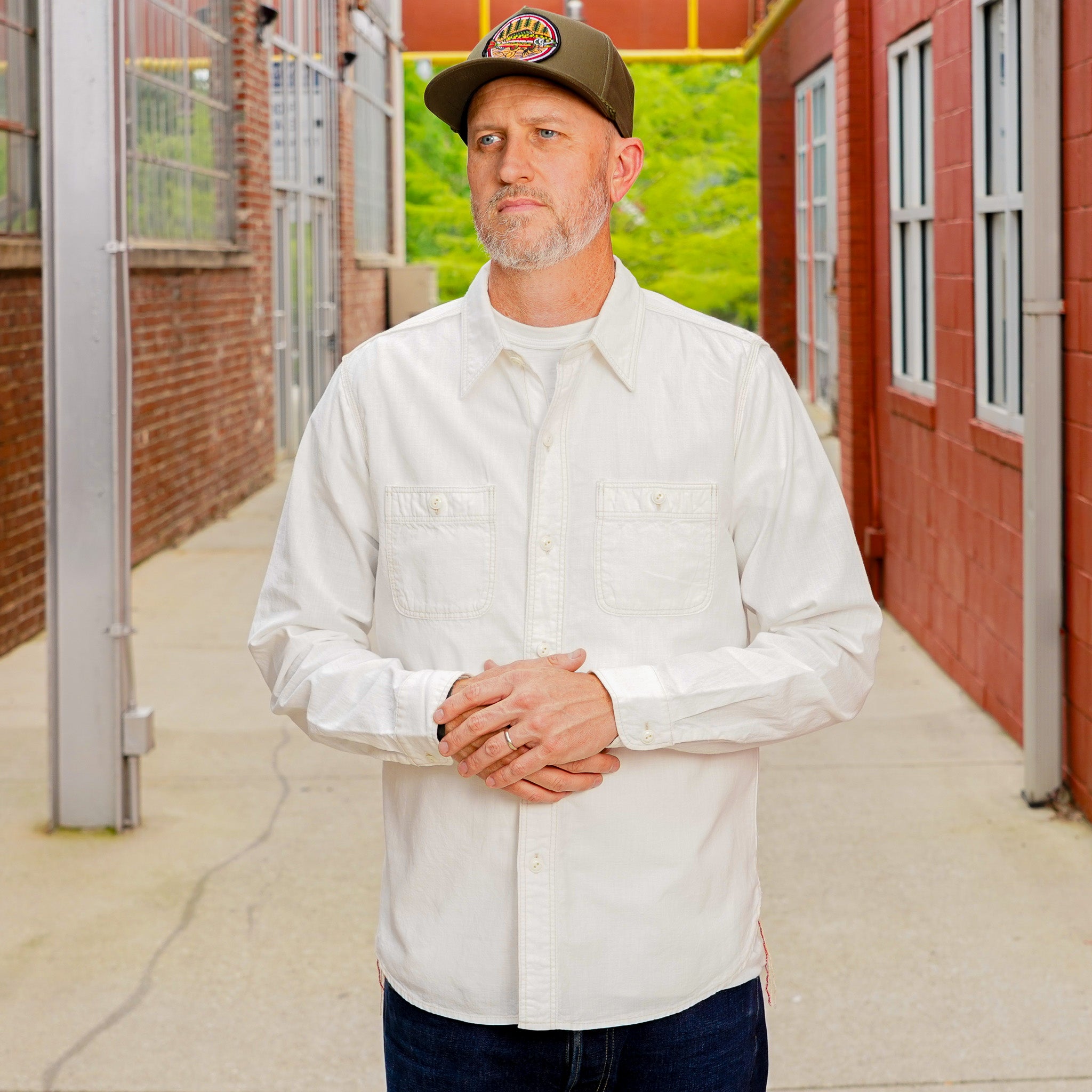 The Flat Head FN-SCK-010L Long Sleeved Chambray Work Shirt - White
