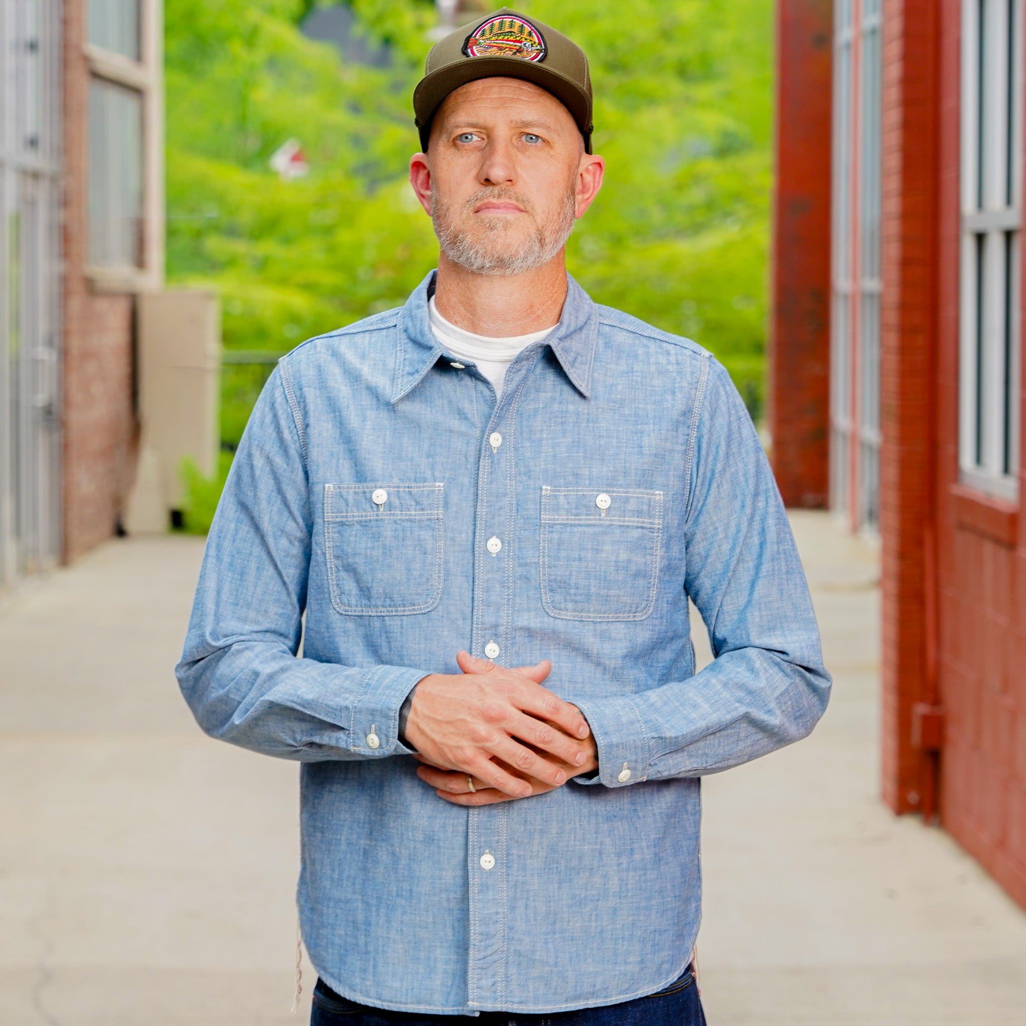 The Flat Head FN-SCK-010L Long Sleeved Chambray Work Shirt - Blue