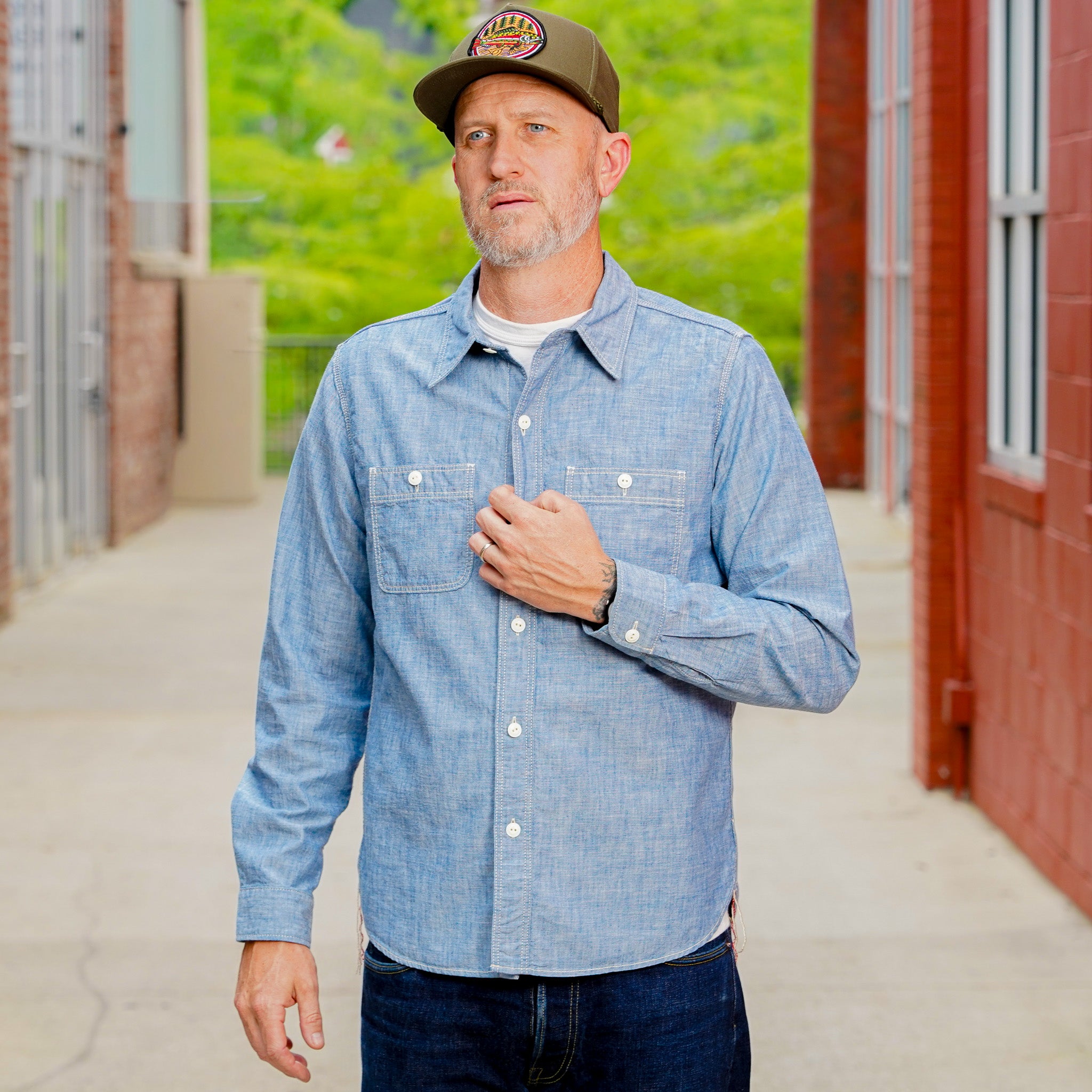 The Flat Head FN-SCK-010L Long Sleeved Chambray Work Shirt - Blue