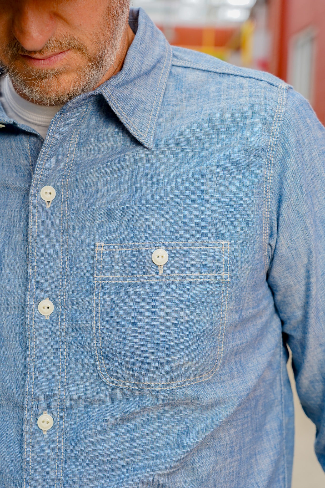 The Flat Head FN-SCK-010L Long Sleeved Chambray Work Shirt - Blue