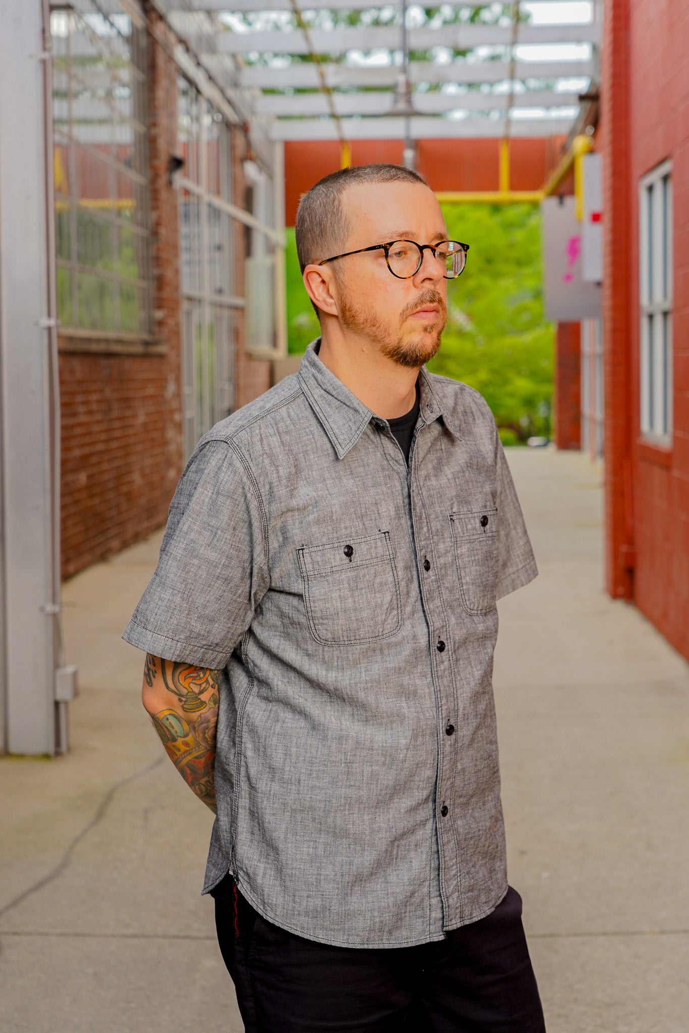 The Flat Head FN-SCK-010S Short Sleeved Chambray Work Shirt - Black