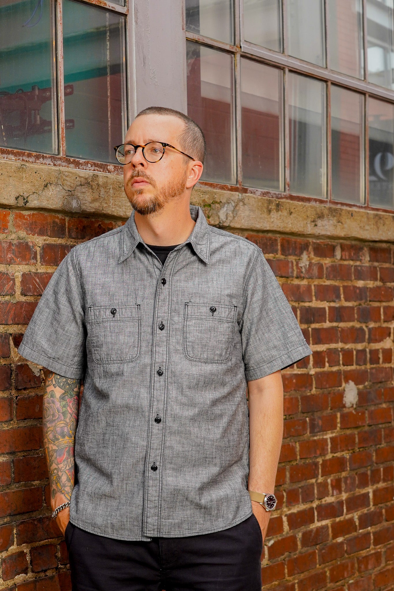 The Flat Head FN-SCK-010S Short Sleeved Chambray Work Shirt - Black