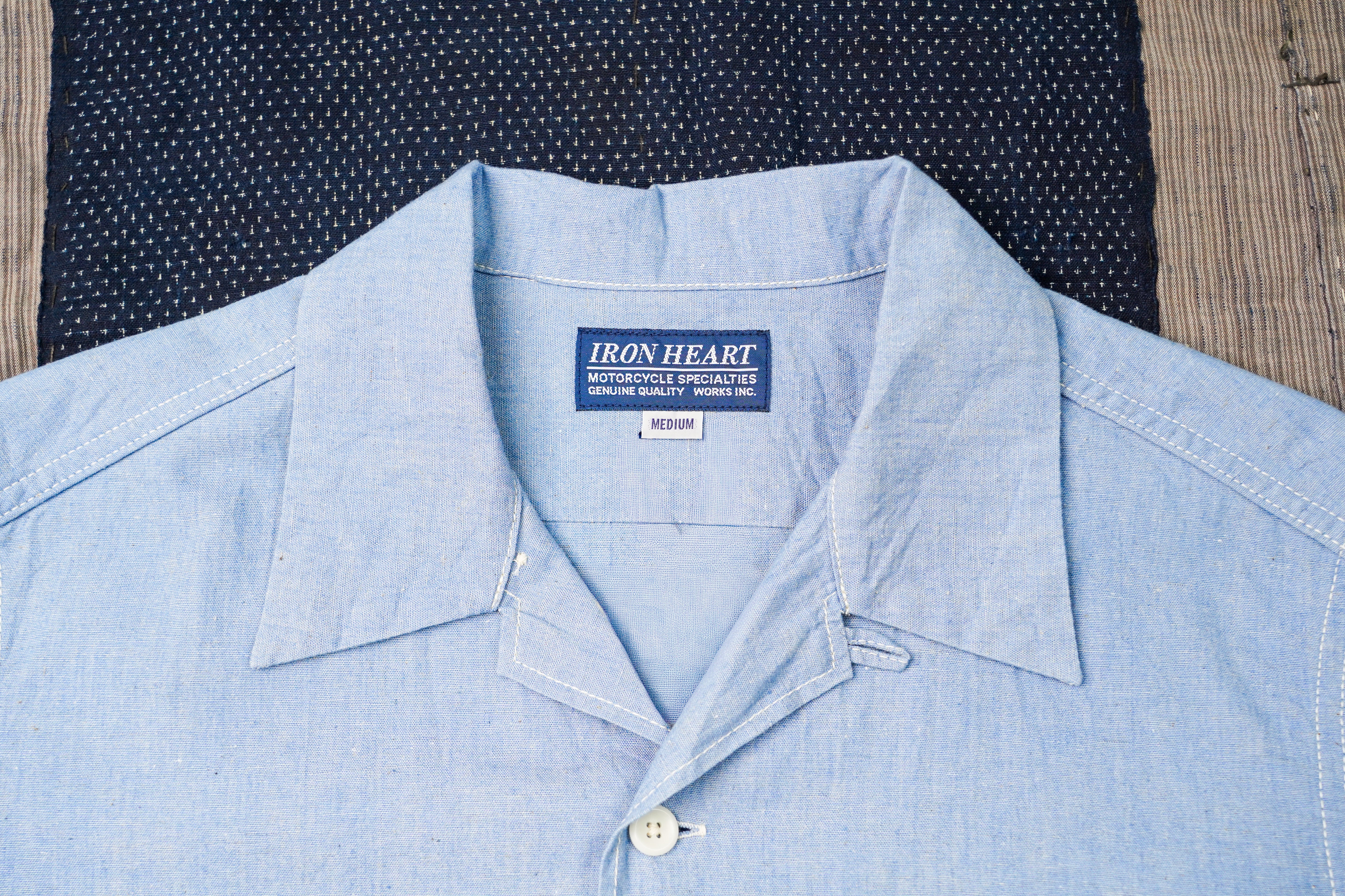 Iron Heart IHSH-447-SAX 5oz Cotton Linen Open Collar Short Sleeve Shirt - Sax Blue