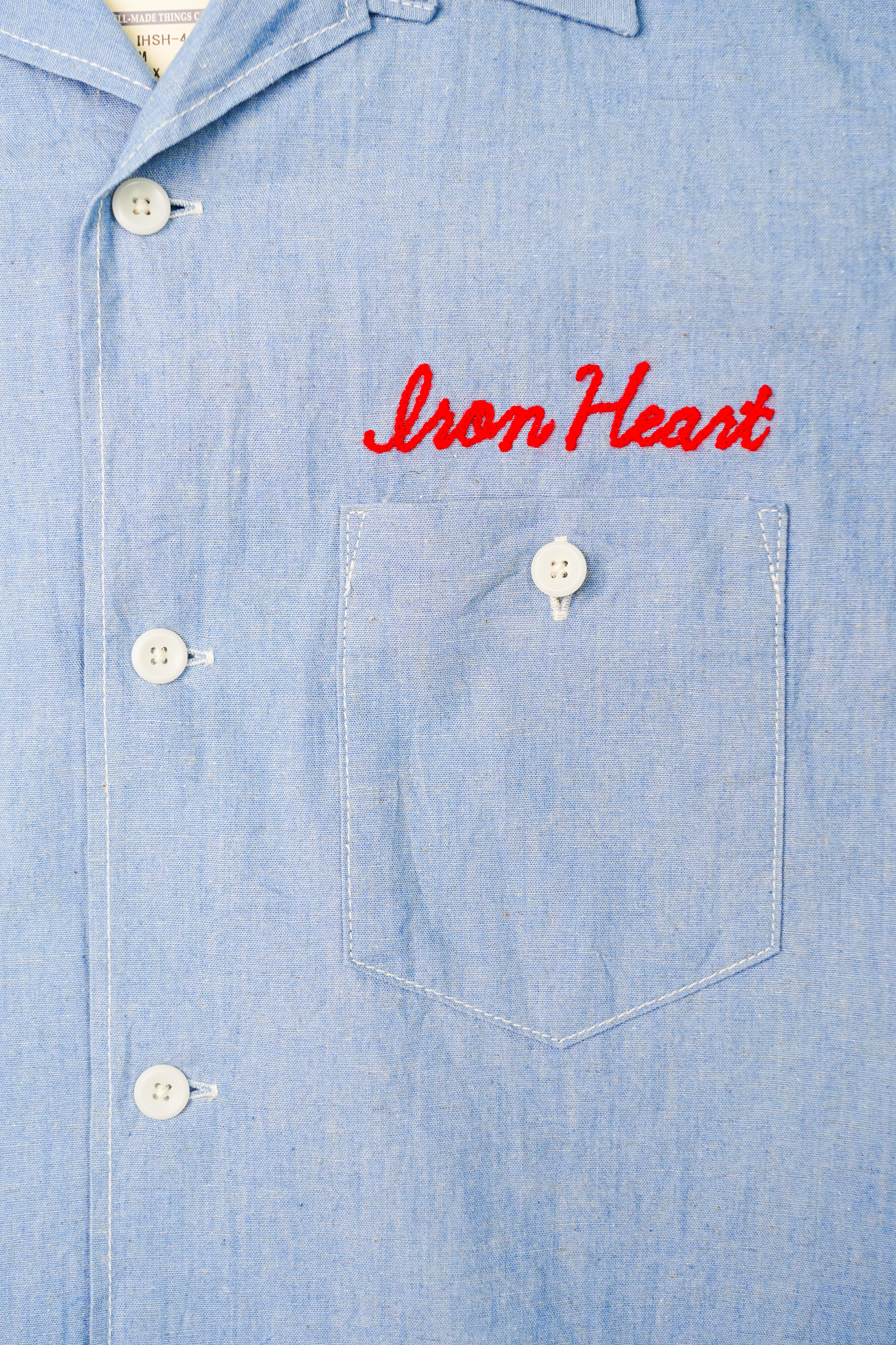 Iron Heart IHSH-447-SAX 5oz Cotton Linen Open Collar Short Sleeve Shirt - Sax Blue