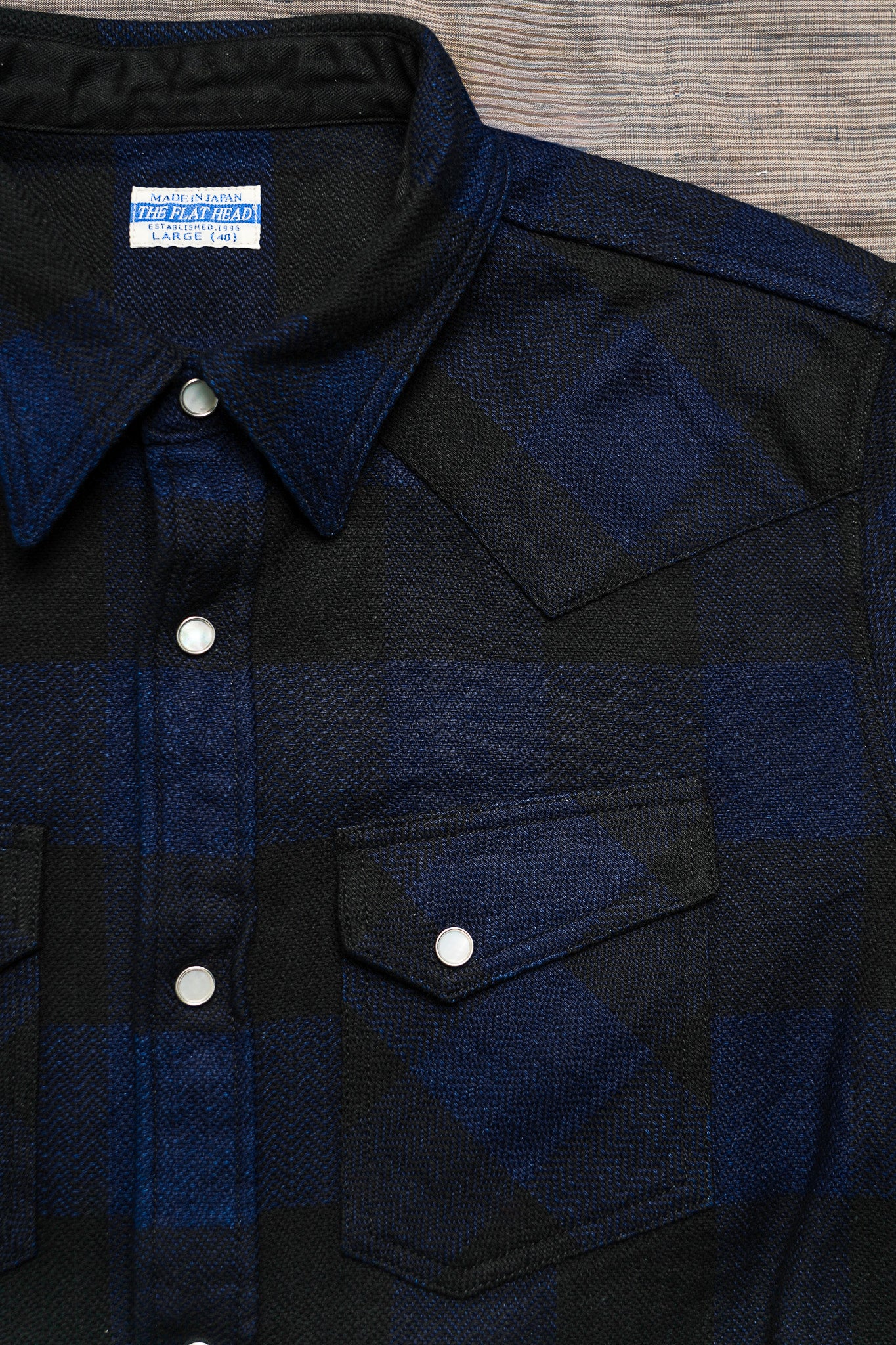 The Flat Head FN-SNW-101LSP Block Check Flannel Western Shirt - Indigo