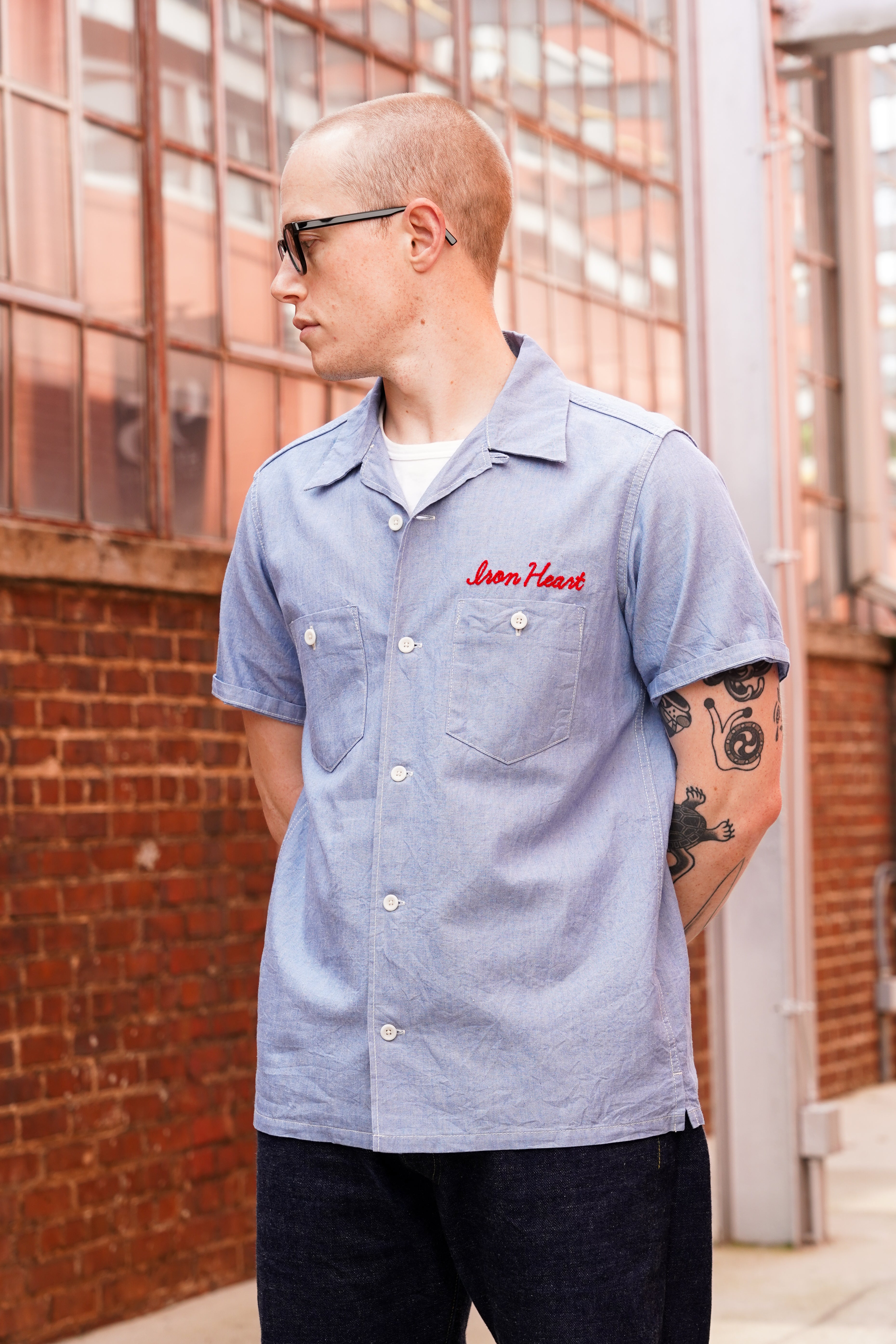 Iron Heart IHSH-447-SAX 5oz Cotton Linen Open Collar Short Sleeve Shirt - Sax Blue