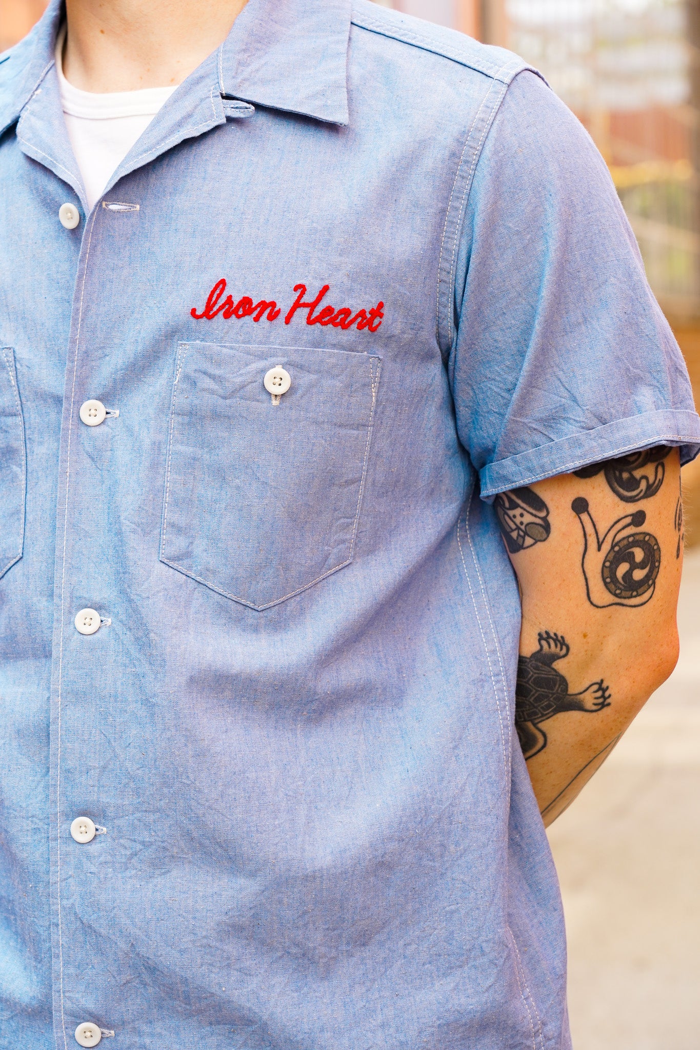 Iron Heart IHSH-447-SAX 5oz Cotton Linen Open Collar Short Sleeve Shirt - Sax Blue