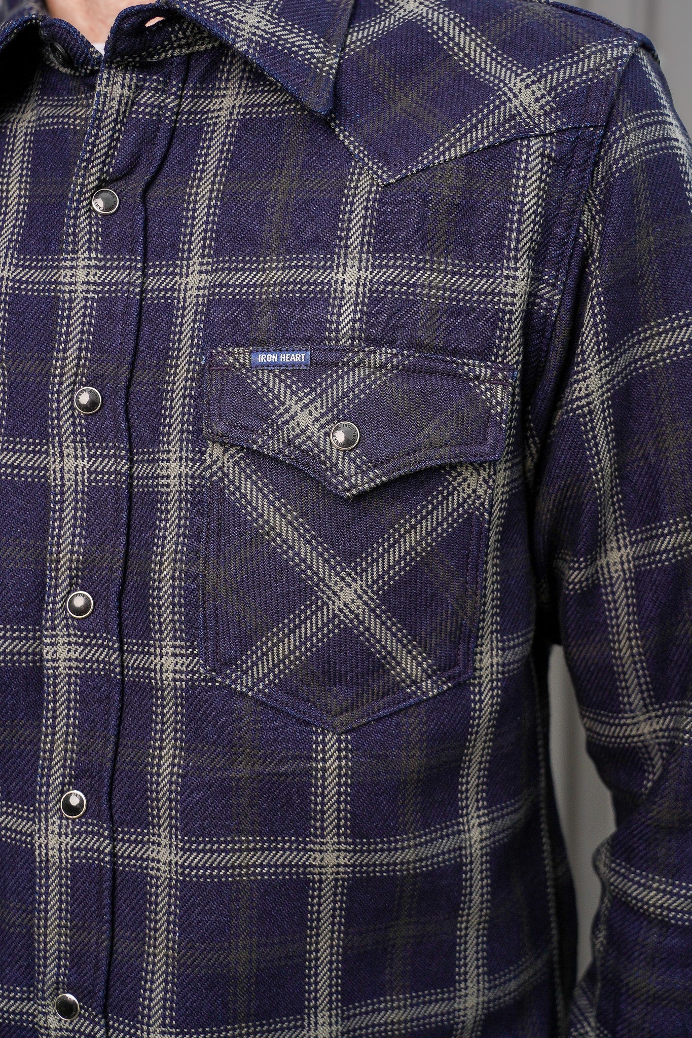 Iron Heart IHSH-411-BLK 9oz Selvedge Indigo Check Flannel Western Shirt - Black