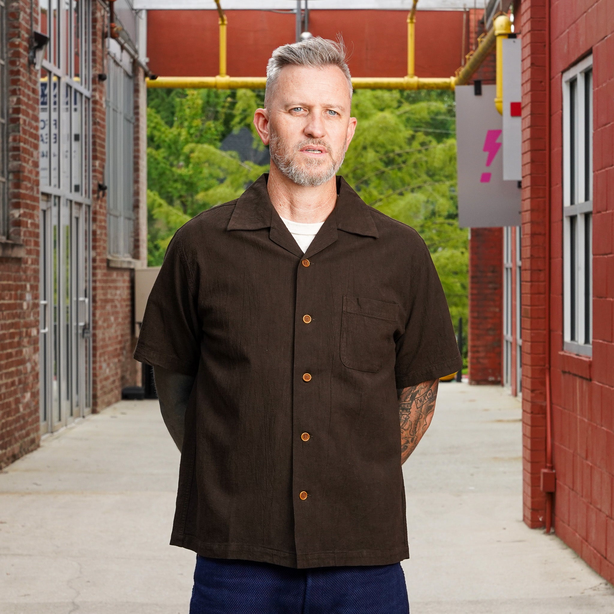 Studio D'Artisan 5739 Cotton/Linen Amami-Dorozome Mud-Dyed Shirt - Dark Brown