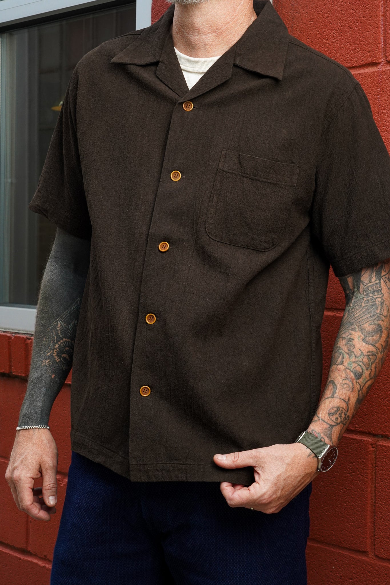 Studio D'Artisan 5739 Cotton/Linen Amami-Dorozome Mud-Dyed Shirt - Dark Brown