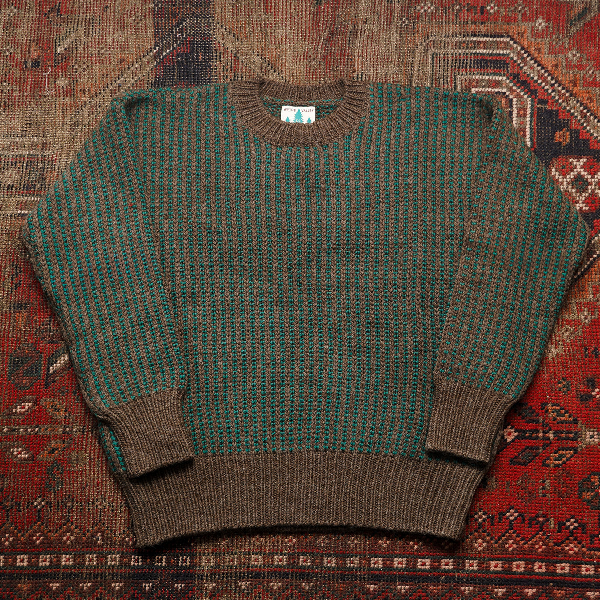 Wythe Two Tone Crewneck Sweater - Forest Green/Taupe