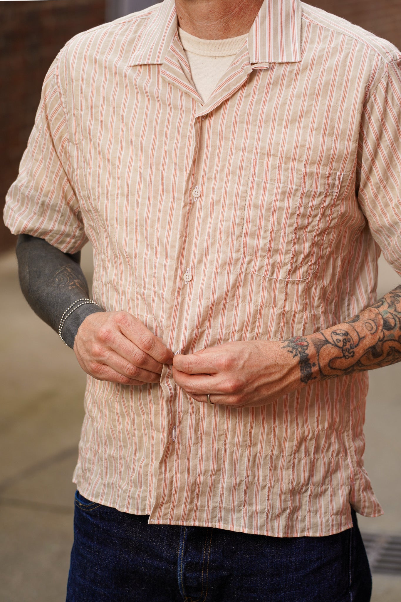 Gitman Vintage Organic Japanese Awning Stripe Camp Shirt - Tan