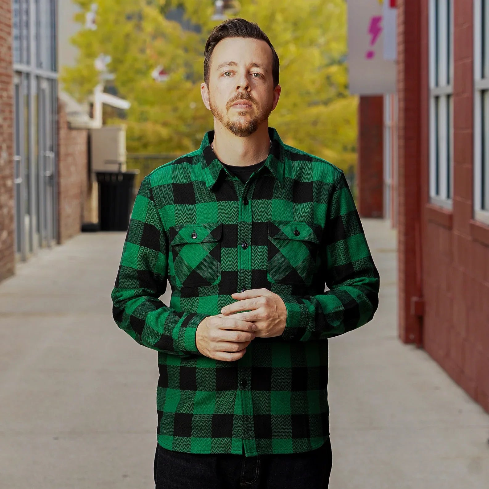 The Flat Head FN-SNR-101L Block Check Flannel Work Shirt - Green