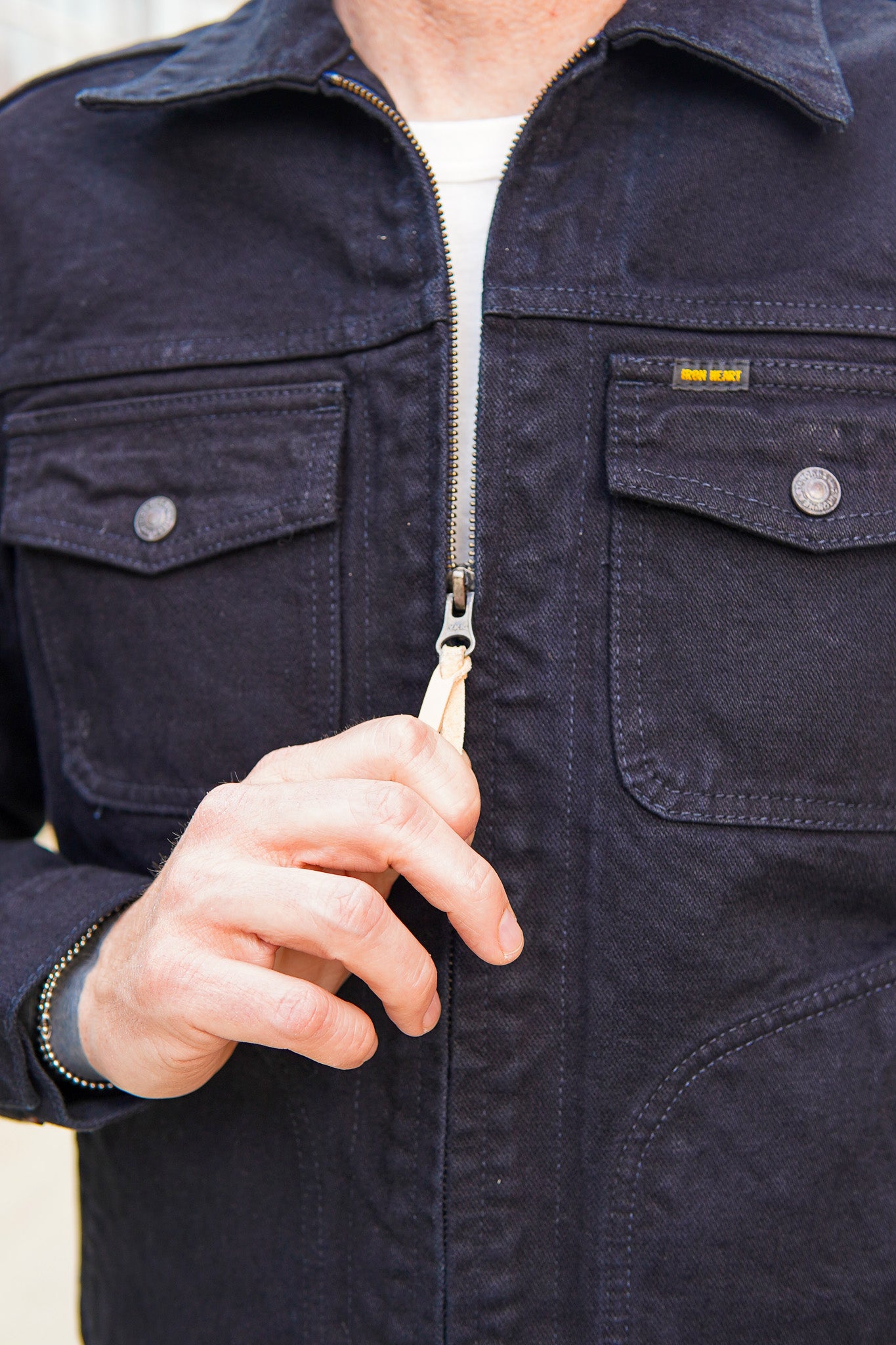 Iron Heart IHJ-123-OD 14oz Broken Twill Selvedge Denim Work Jacket - Indigo Overdyed Black