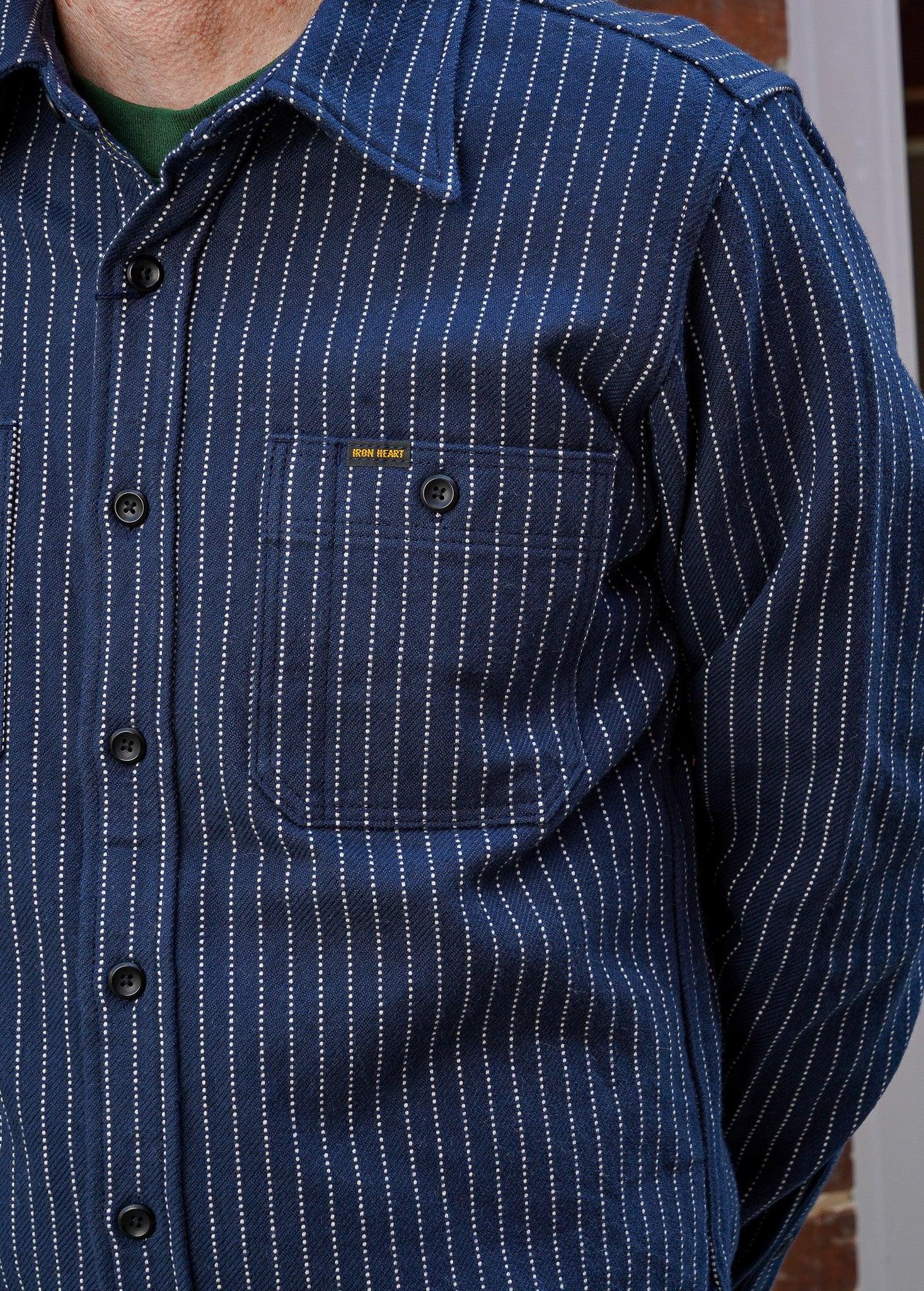 Iron Heart IHSH-402-NAV 12oz Ultra Heavy Flannel Chalk Stripe Work Shirt - Navy