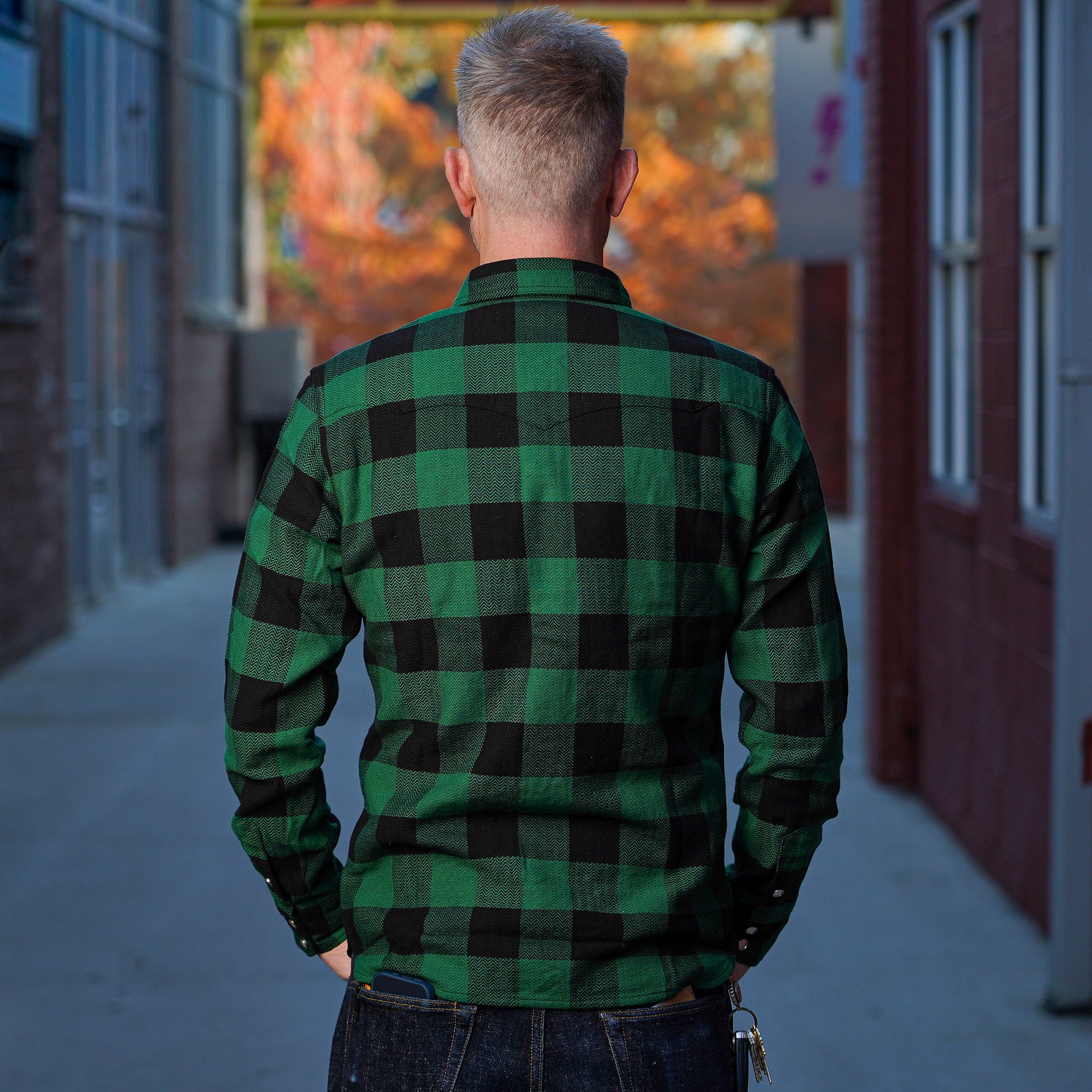 The Flat Head FN-SNW-101L Block Check Flannel Western Shirt - Green
