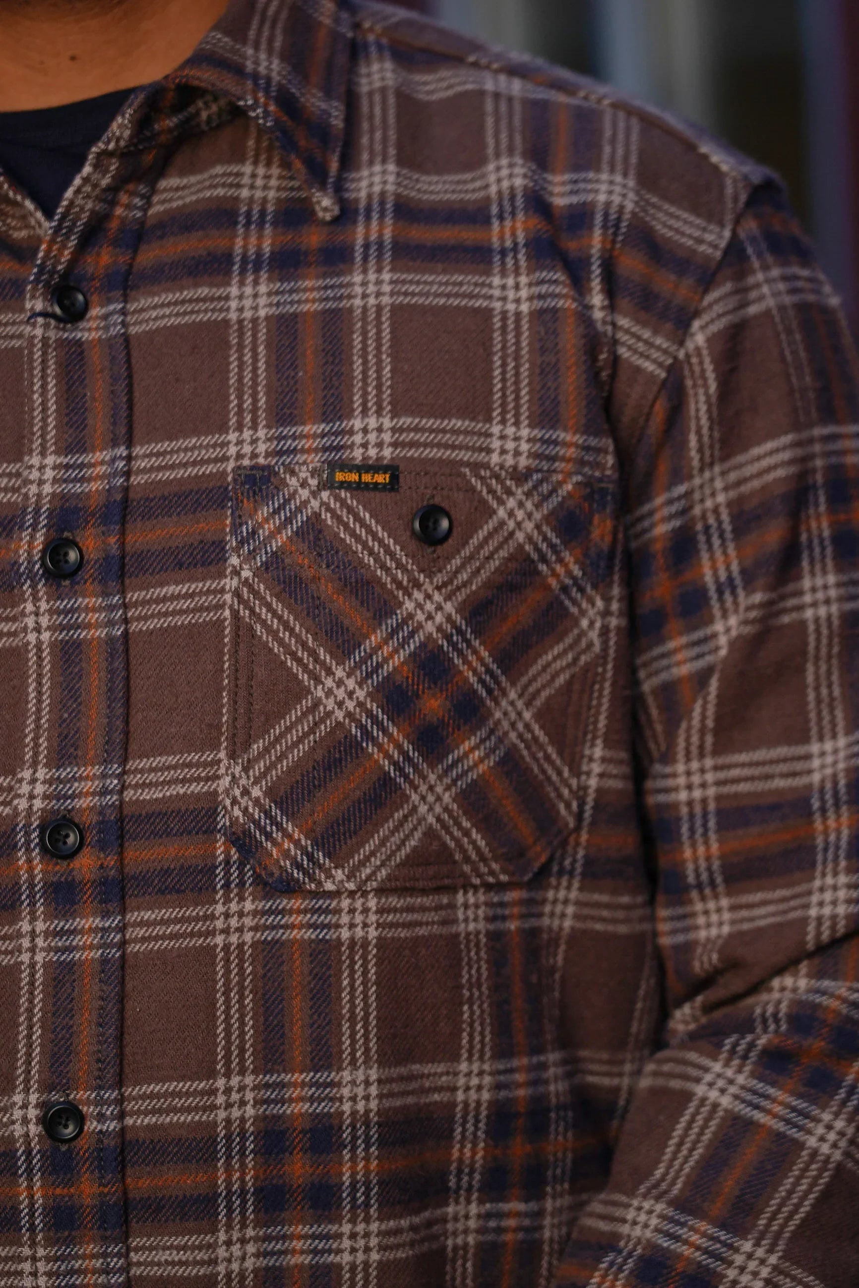 Iron Heart IHSH-430-BRN Slubby Heavy Flannel Check Work Overshirt - Brown