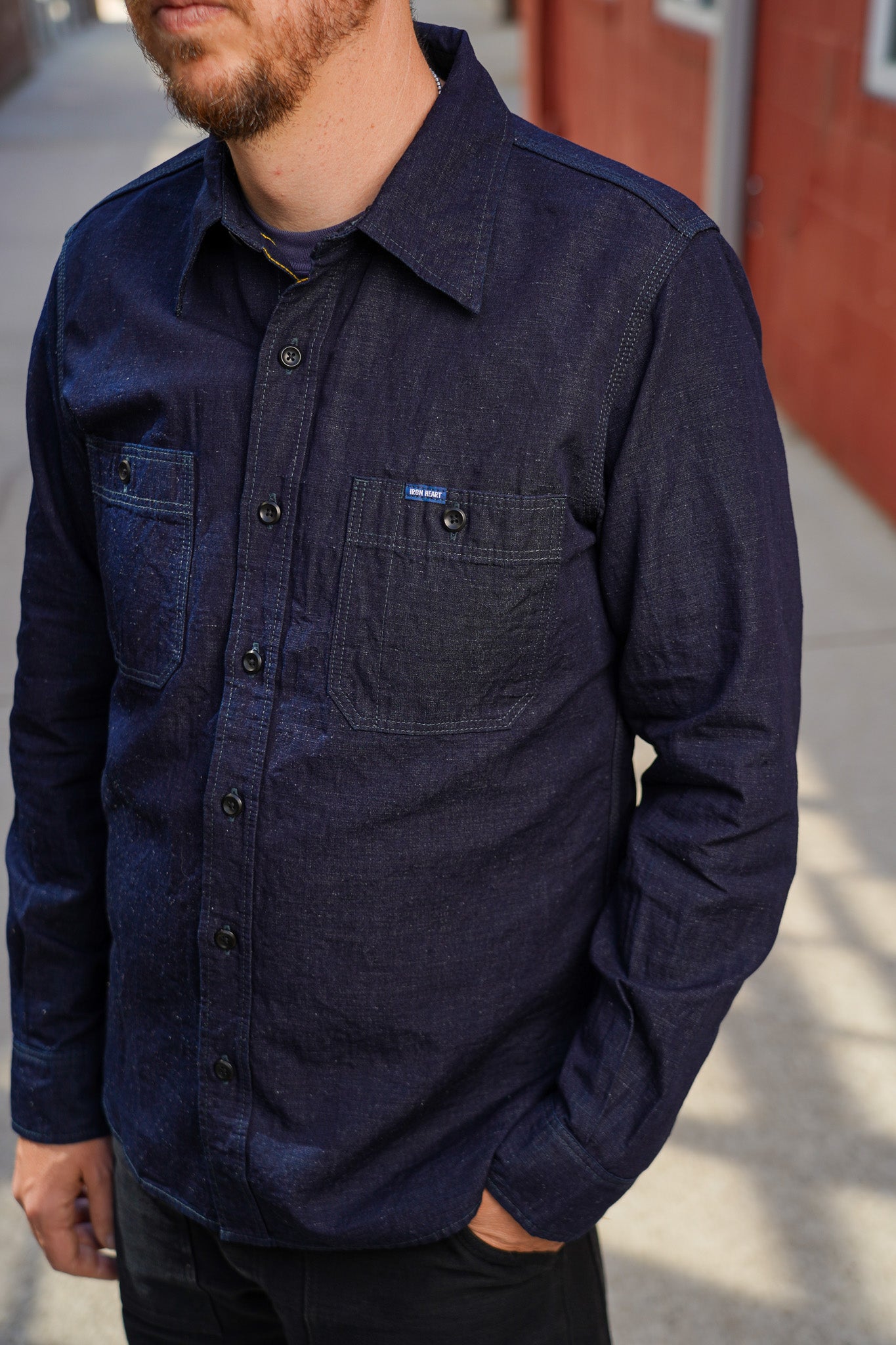 Iron Heart IHSH-443-IND 7oz Cotton Linen Chambray Work Shirt - Indigo