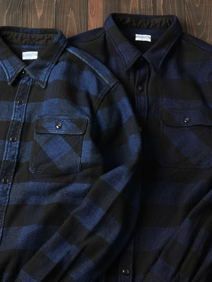 The Flat Head FN-SNR-101LSP Block Check Flannel Work Shirt - Indigo