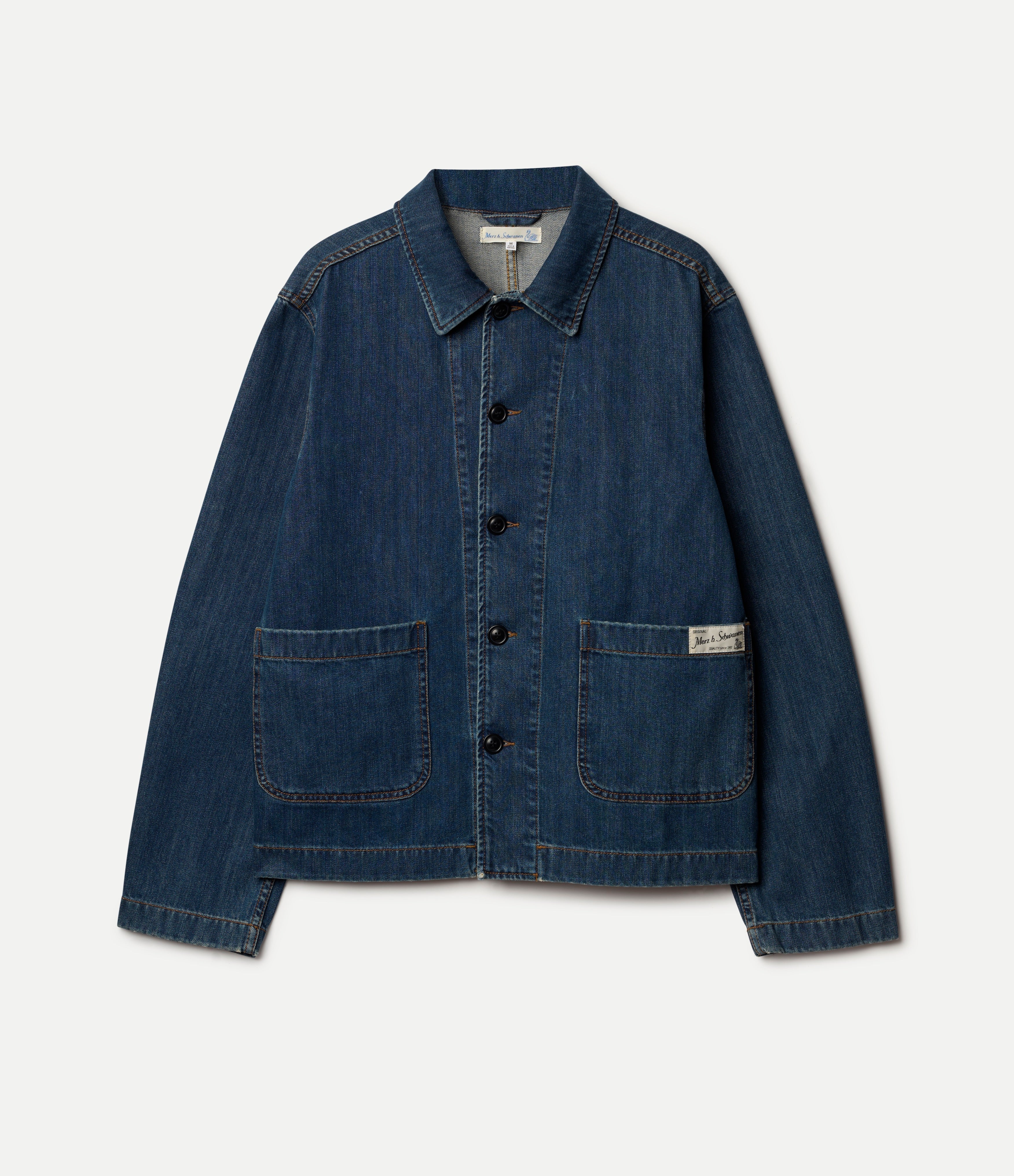 Merz b. Schwanen Cropped Worker's Denim Jacket - Indigo Mid Blue