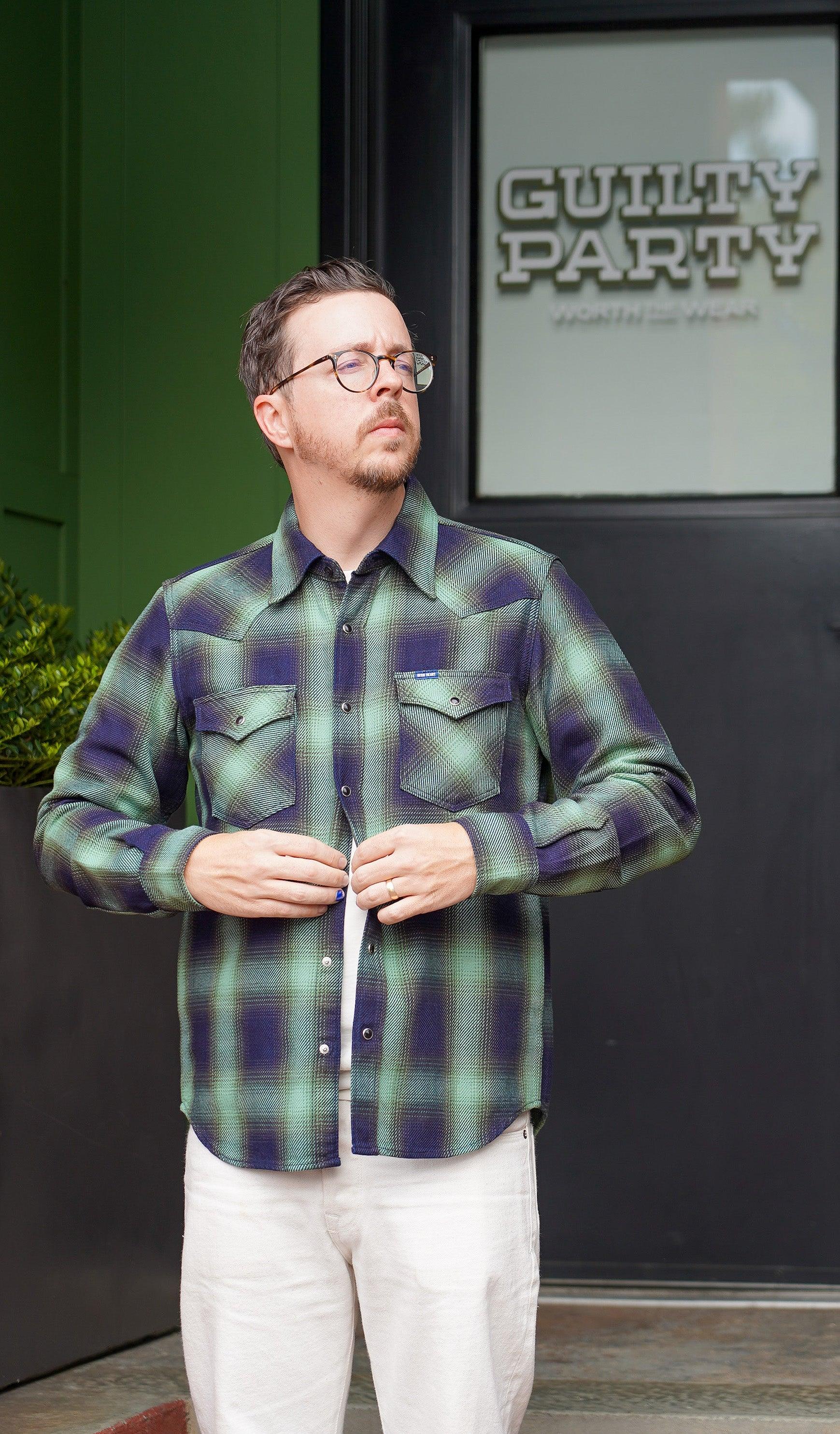 IHSH-348-GRN 9oz Selvedge Ombré Check Western Shirt - Green - Guilty Party