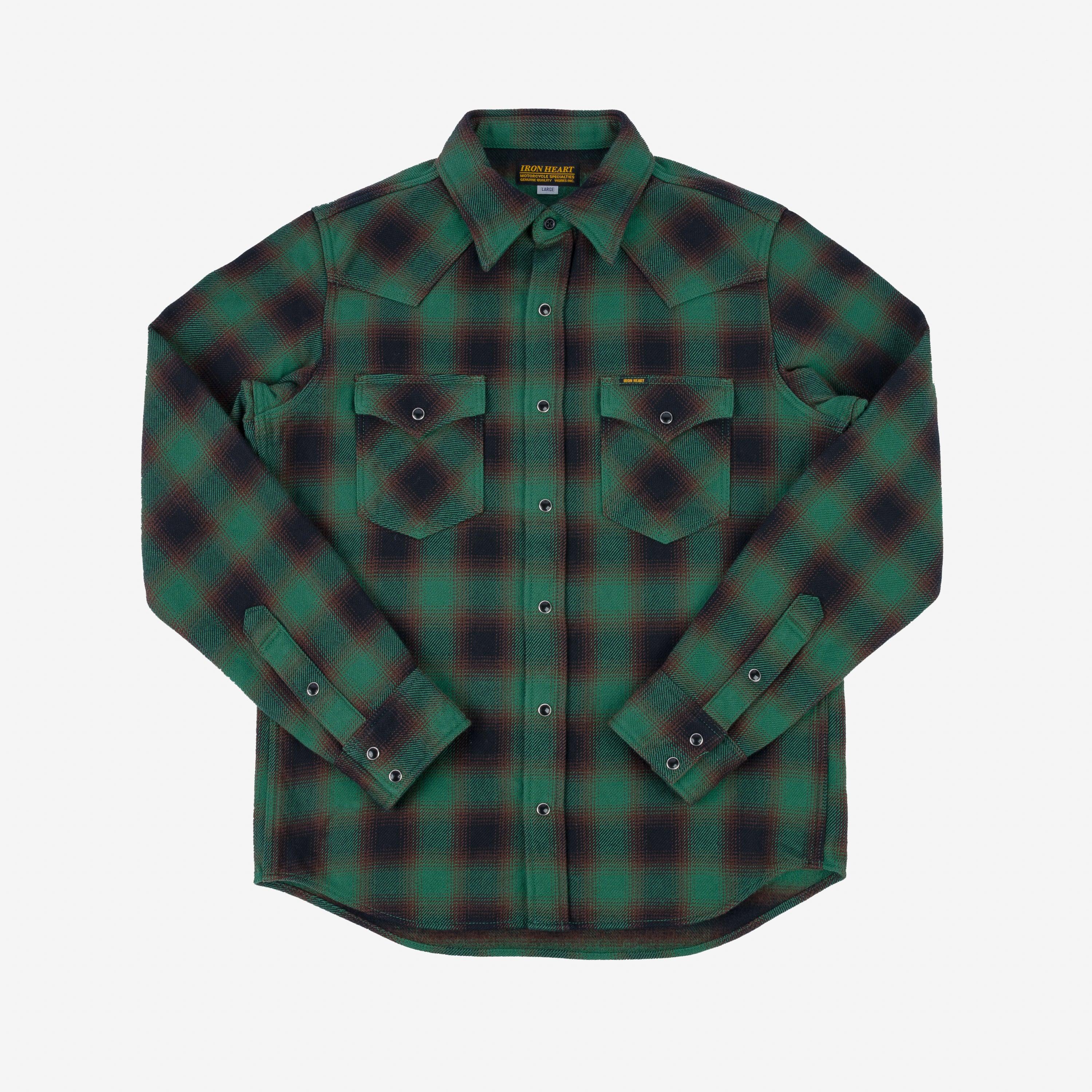 Iron Heart IHSH-373-GRN Ultra Heavy Flannel Ombré Check Western Shirt - Green - Guilty Party